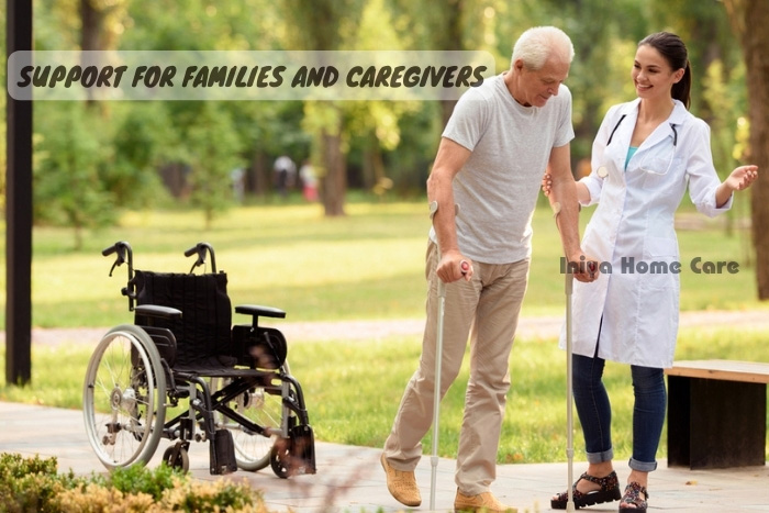 Iniya Home Care nurse providing personal assistance to an elderly gentleman near a wheelchair in Pollachi, showcasing our commitment to supportive family and caregiver services