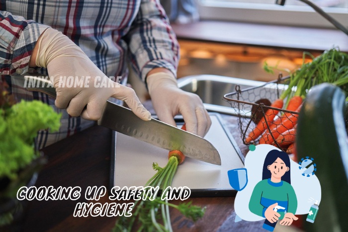 Person wearing gloves and chopping fresh vegetables in a kitchen, emphasizing the importance of safety and hygiene in home cooking services provided by Iniya Home Care in Pollachi.