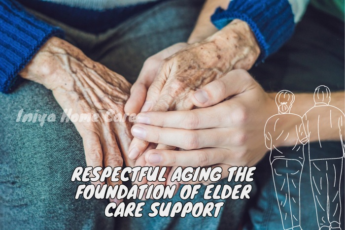 Close-up of a caregiver's hands gently holding the hands of an elderly person, illustrating Iniya Home Care's dedication to respectful aging and elder care support in Pollachi