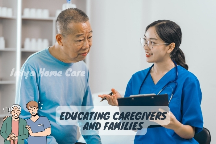 Nurse providing guidance and education to an elderly man, showcasing Iniya Home Care's commitment to educating caregivers and families in Pollachi