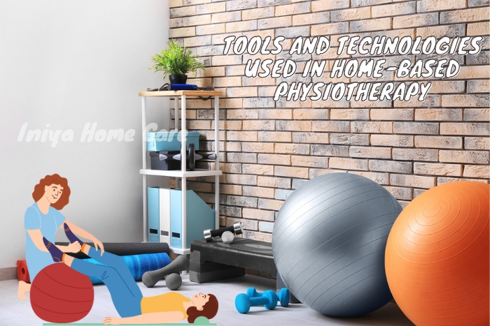 Physiotherapy session at home featuring a variety of tools including exercise balls and weights, highlighting Iniya Home Care's comprehensive home-based physiotherapy services in Pollachi