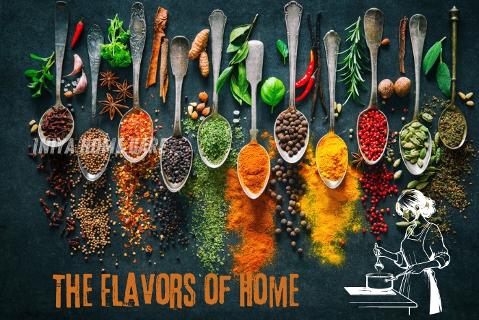 Assorted spices and herbs arranged in spoons, highlighting the rich flavors used in the home cooking services provided by Iniya Home Care in Pollachi