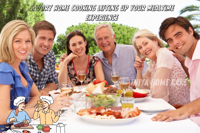 Happy family enjoying a delicious meal together outdoors, showcasing the benefits of savory home cooking services provided by Iniya Home Care in Pollachi, enhancing their mealtime experience