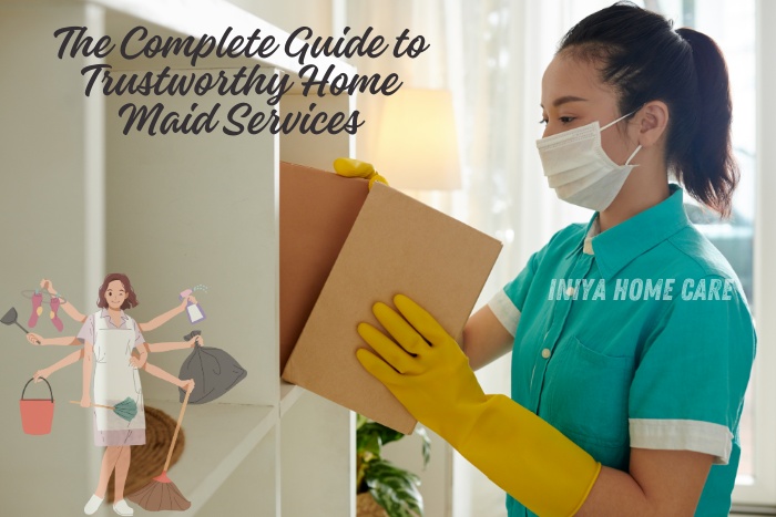 Professional maid wearing a mask and gloves, organizing items on a shelf, representing trustworthy home maid services provided by Iniya Home Care in Pollachi. Ensuring clean and orderly homes with reliable housekeeping solutions