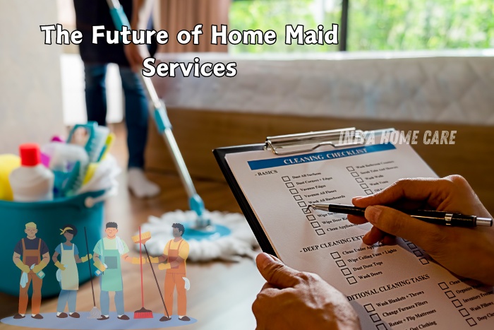 Professional maid checking a cleaning checklist with a cleaning bucket and mop in the background, illustrating the future of home maid services provided by Iniya Home Care in Pollachi. Ensuring spotless and organized homes with expert housekeeping solutions.