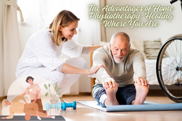 Female physiotherapist assisting an elderly man with stretching exercises at home, highlighting the benefits of home physiotherapy services provided by Iniya Home Care in Pollachi. Promoting healing and improved mobility with personalized in-home care