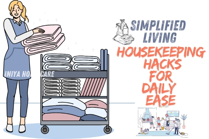 Housekeeper organizing towels, representing the simplified living and daily ease provided by Iniya Home Care's housekeeping services in Pollachi. Discover effective housekeeping hacks for a cleaner, stress-free home