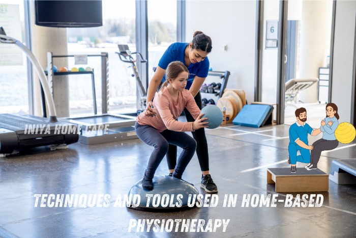 Physiotherapist guiding a patient through an exercise using a balance ball, showcasing the techniques and tools used in home-based physiotherapy by Iniya Home Care in Pollachi. Enhancing recovery and mobility with expert care