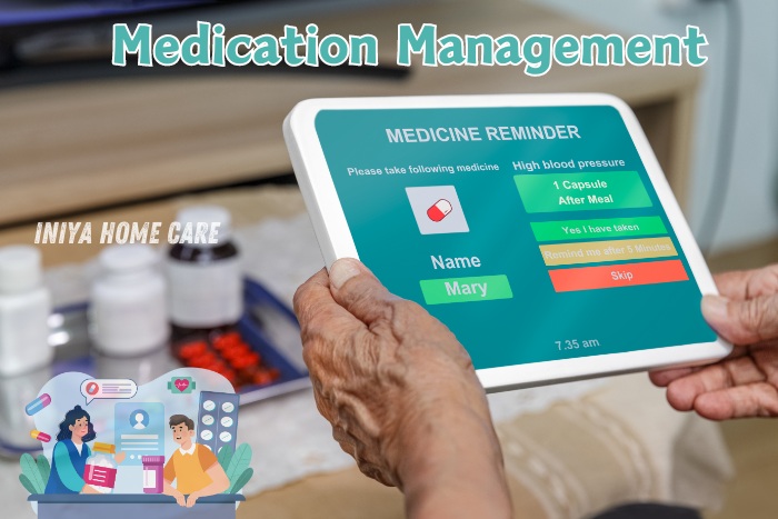 Senior using a digital tablet for medication reminders, representing the medication management services provided by Iniya Home Care in Pollachi. Ensuring accurate and timely medication administration for improved health and well-being