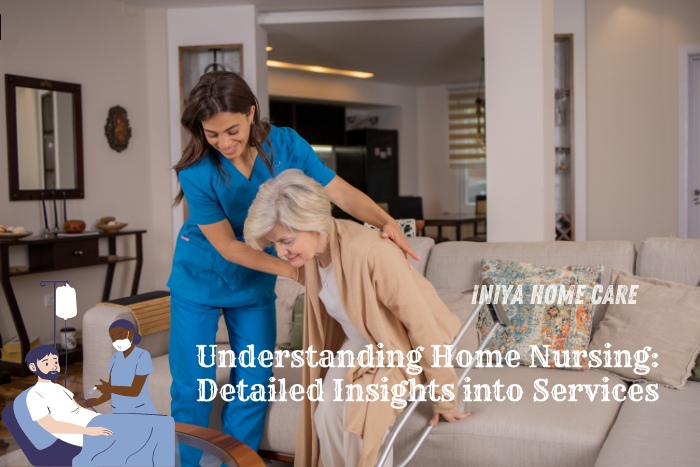 Home nurse assisting an elderly woman with a walker, illustrating the comprehensive home nursing services provided by Iniya Home Care in Pollachi. Offering detailed insights into personalized and compassionate home healthcare solutions for seniors