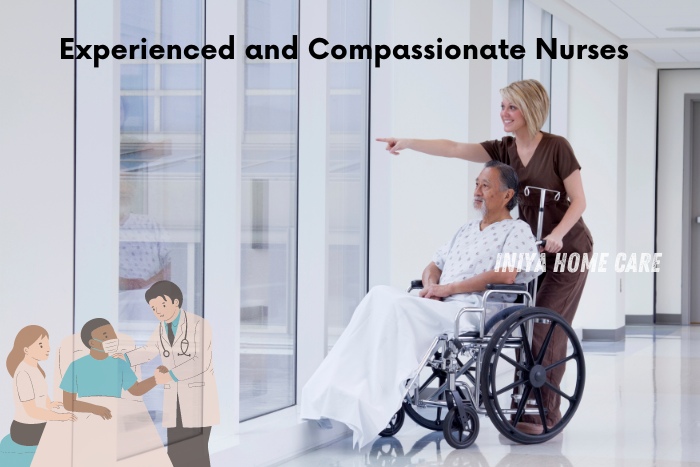 Experienced and compassionate nurse assisting a patient in a wheelchair, illustrating the dedicated home nursing services provided by Iniya Home Care in Pollachi. Ensuring professional and empathetic care for enhanced patient well-being