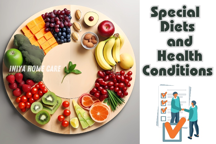 Colorful variety of fruits, vegetables, and nuts arranged on a circular platter, illustrating special diets and nutrition planning for health conditions. Iniya Home Care in Pollachi offers personalized meal planning to meet specific dietary needs for optimal health