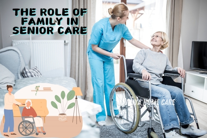 The role of family in senior care by Iniya Home Care in Pollachi. A caregiver interacts with a senior woman in a wheelchair, providing support while fostering a positive atmosphere. This image emphasizes the importance of family involvement in ensuring quality care for elderly loved ones