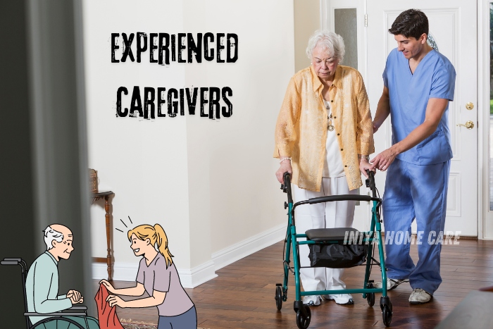 Experienced caregivers at Iniya Home Care in Pollachi. A professional caregiver assists an elderly woman using a walker, providing support and encouragement. This image highlights the skilled and compassionate care offered to seniors, ensuring their safety and independence at home