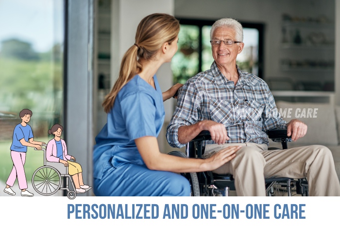 Personalized and one-on-one care by Iniya Home Care in Pollachi. A nurse engages with an elderly man in a wheelchair, providing dedicated and individualized support. This image highlights the compassionate, tailored care services offered to ensure the comfort and well-being of patients in their homes