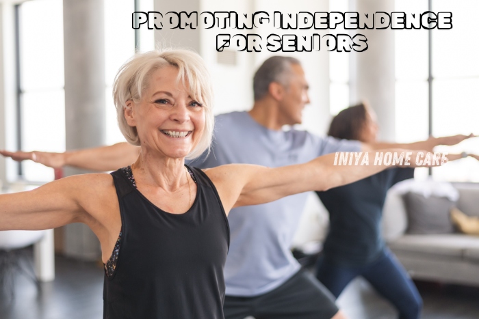 Promoting independence for seniors at Iniya Home Care in Pollachi. A senior woman smiles confidently while participating in a group exercise, symbolizing the importance of staying active and independent. This image highlights the home care services that empower seniors to maintain their independence and well-being