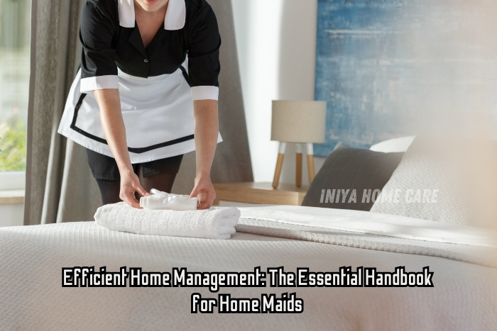 Professional housekeeping services by Iniya Home Care in Pollachi. A home maid carefully arranges towels on a neatly made bed, symbolizing efficient home management and attention to detail. This image highlights the expert cleaning and organization services provided to maintain a comfortable and well-kept living environment for clients