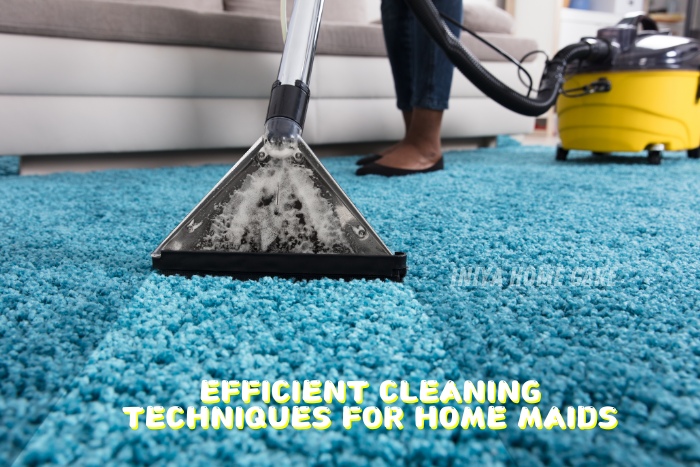 Efficient cleaning services by Iniya Home Care in Pollachi. A vacuum cleaner is used to deep clean a carpet, demonstrating advanced techniques for home maids to maintain cleanliness and hygiene in households. This image showcases the professional housekeeping services provided to ensure a spotless living environment for clients