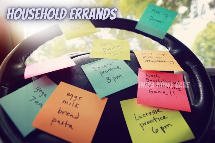 Household errands management by Iniya Home Care. A car steering wheel covered with colorful sticky notes listing daily tasks, symbolizing the importance of organized support for busy households in Pollachi. This image highlights the home assistance services provided to help families manage their day-to-day responsibilities effectively