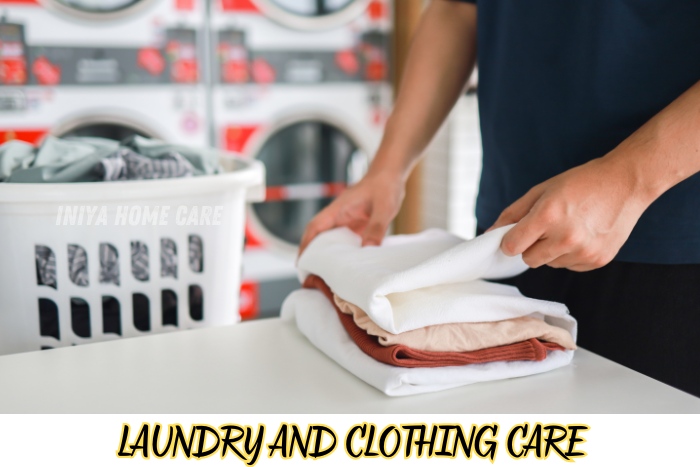 Laundry and clothing care services by Iniya Home Care in Pollachi. A caregiver folding clean clothes in a laundry room, showcasing attention to detail and professional household support. This image highlights the essential housekeeping services provided to ensure a clean and organized living space for clients