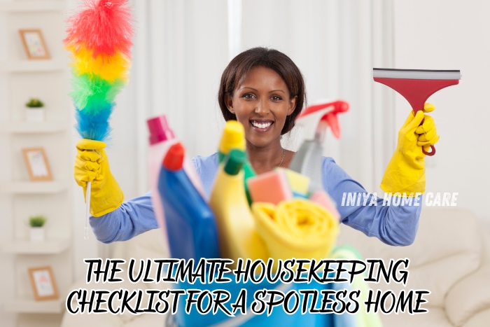 A cheerful cleaner holds various cleaning supplies, showcasing thorough and effective home cleaning services