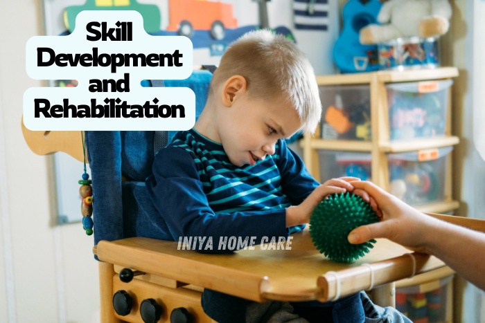 Iniya Home Care in Pollachi a caregiver engages a child with a sensory toy, fostering motor skills and cognitive growth