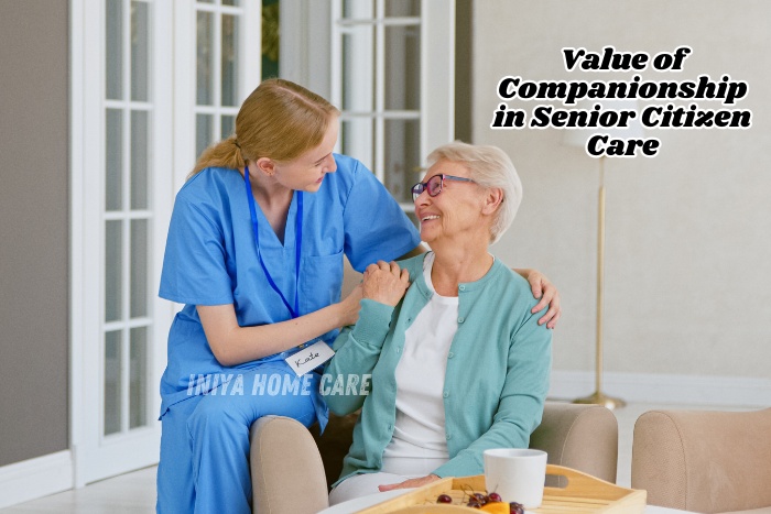 Iniya Home Care in Pollachi offering companionship and emotional support to a happy senior woman at home