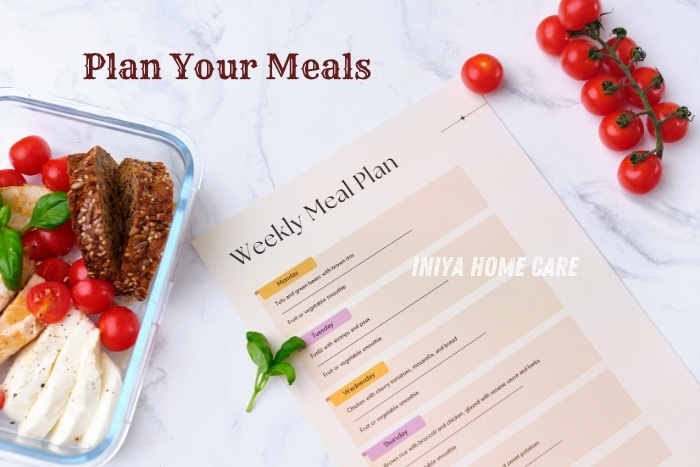 Weekly meal planning chart with healthy food ideas by Iniya Home Care in Pollachi, helping elders and patients with nutritious home-cooked meal