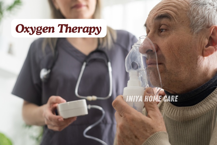 Elderly man receiving oxygen therapy at home with support from Iniya Home Care nurse in Pollachi,professional respiratory care