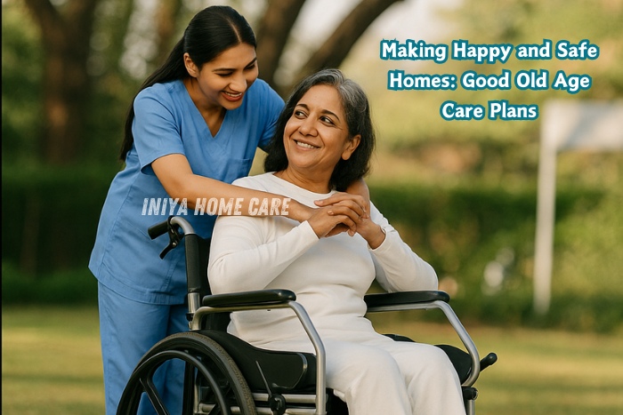 Friendly caregiver from Iniya Home Care in Pollachi supporting a happy elderly woman in a wheelchair, showcasing reliable and loving old age care