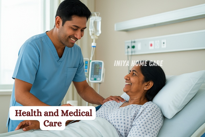 Iniya Home Care in Pollachi providing medical care and support to a smiling woman patient in a hospital bed, ensuring trusted home health care